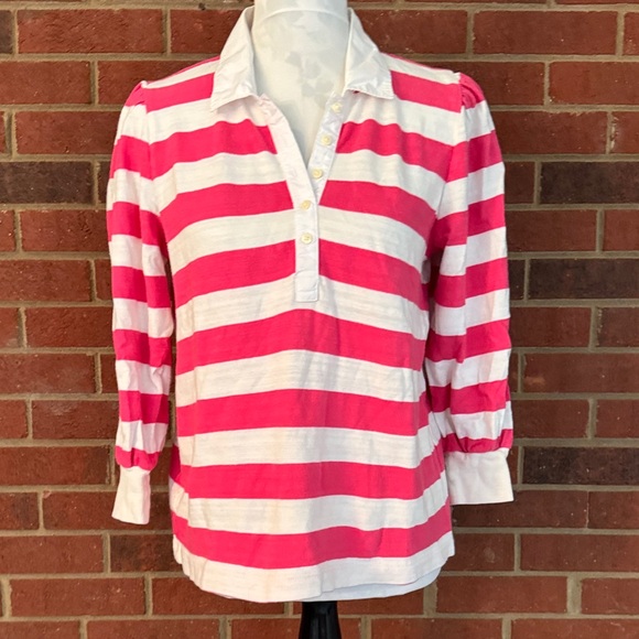LOFT Tops - LOFT Pink and White Rugby Striped Polo Style Shirt